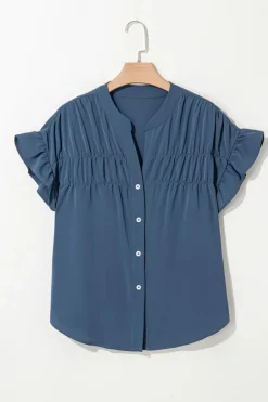 Online Dear-Lover Solid Color Ruffle Ruched Short Sleeve Buttoned Shirt Real Teal