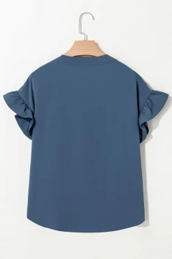 Online Dear-Lover Solid Color Ruffle Ruched Short Sleeve Buttoned Shirt Real Teal