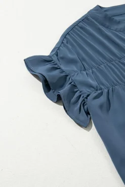 Online Dear-Lover Solid Color Ruffle Ruched Short Sleeve Buttoned Shirt Real Teal