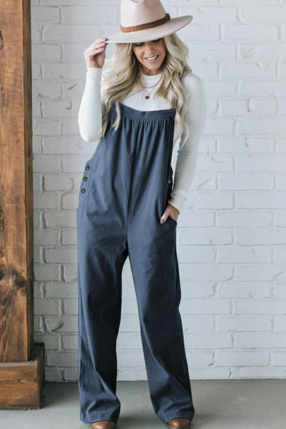 Best Dear-Lover Solid Pocketed Loose Fit Corduroy Overall Real Teal