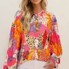 Best Dear-Lover Abstract Floral Print Buttoned Ruffled Bubble Sleeve Shirt Red