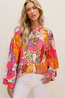 Best Dear-Lover Abstract Floral Print Buttoned Ruffled Bubble Sleeve Shirt Red