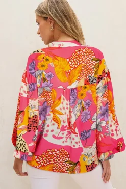 Best Dear-Lover Abstract Floral Print Buttoned Ruffled Bubble Sleeve Shirt Red