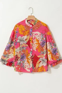 Best Dear-Lover Abstract Floral Print Buttoned Ruffled Bubble Sleeve Shirt Red