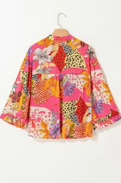 Best Dear-Lover Abstract Floral Print Buttoned Ruffled Bubble Sleeve Shirt Red