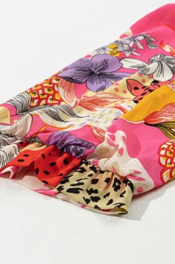 Best Dear-Lover Abstract Floral Print Buttoned Ruffled Bubble Sleeve Shirt Red