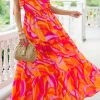 Best Dear-Lover Abstract Print Knotted Shoulder High Waist Maxi Dress Red