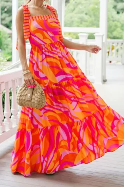 Best Dear-Lover Abstract Print Knotted Shoulder High Waist Maxi Dress Red