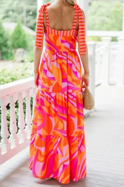 Best Dear-Lover Abstract Print Knotted Shoulder High Waist Maxi Dress Red