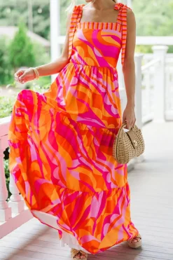 Best Dear-Lover Abstract Print Knotted Shoulder High Waist Maxi Dress Red