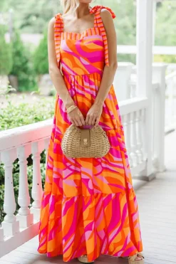 Best Dear-Lover Abstract Print Knotted Shoulder High Waist Maxi Dress Red