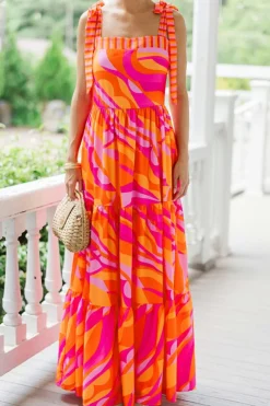 Best Dear-Lover Abstract Print Knotted Shoulder High Waist Maxi Dress Red