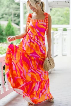 Best Dear-Lover Abstract Print Knotted Shoulder High Waist Maxi Dress Red