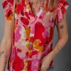 Discount Dear-Lover Abstract Print Split V Neck Ruffle Short Sleeve Blouse Red
