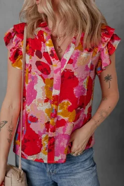 Discount Dear-Lover Abstract Print Split V Neck Ruffle Short Sleeve Blouse Red