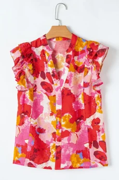 Discount Dear-Lover Abstract Print Split V Neck Ruffle Short Sleeve Blouse Red