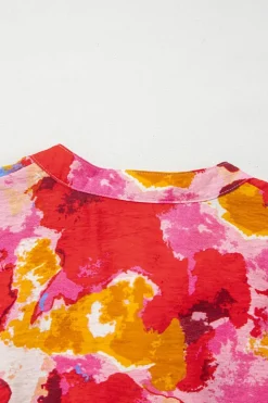 Discount Dear-Lover Abstract Print Split V Neck Ruffle Short Sleeve Blouse Red