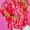 Best Dear-Lover Abstract Print V Neck Batwing Sleeve Oversized Blouse Red