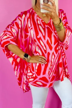 Best Dear-Lover Abstract Print V Neck Batwing Sleeve Oversized Blouse Red