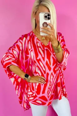 Best Dear-Lover Abstract Print V Neck Batwing Sleeve Oversized Blouse Red