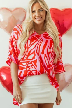 Best Dear-Lover Abstract Print V Neck Batwing Sleeve Oversized Blouse Red
