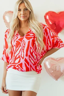 Best Dear-Lover Abstract Print V Neck Batwing Sleeve Oversized Blouse Red