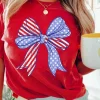 Sale Dear-Lover Red American Flag Bow Knot Print Crew Neck T Shirt Red-2