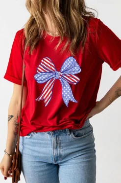 Sale Dear-Lover Red American Flag Bow Knot Print Crew Neck T Shirt Red-2