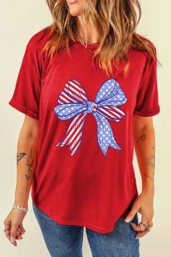 Sale Dear-Lover Red American Flag Bow Knot Print Crew Neck T Shirt Red-2