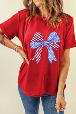 Sale Dear-Lover Red American Flag Bow Knot Print Crew Neck T Shirt Red-2