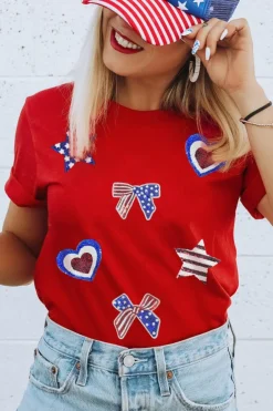 Best Dear-Lover Red American Flag Inspired Sequined Pattern Crewneck Tee Red-2
