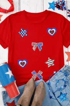 Best Dear-Lover Red American Flag Inspired Sequined Pattern Crewneck Tee Red-2