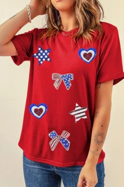 Best Dear-Lover Red American Flag Inspired Sequined Pattern Crewneck Tee Red-2