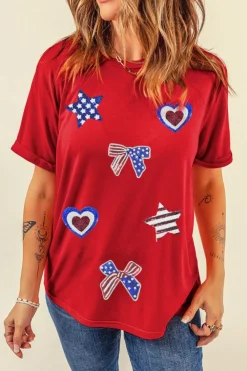 Best Dear-Lover Red American Flag Inspired Sequined Pattern Crewneck Tee Red-2