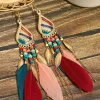 Fashion Dear-Lover Bohemian Feathe Beaded Tassel Hook Earrings Red