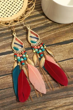 Fashion Dear-Lover Bohemian Feathe Beaded Tassel Hook Earrings Red