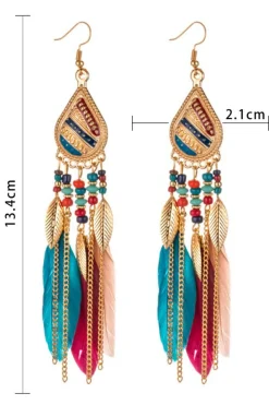 Fashion Dear-Lover Bohemian Feathe Beaded Tassel Hook Earrings Red