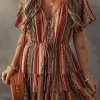 Fashion Dear-Lover Bohemian Floral Print Buttoned V Neck Ruffle Tie Dress Red