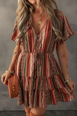 Fashion Dear-Lover Bohemian Floral Print Buttoned V Neck Ruffle Tie Dress Red