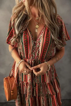 Fashion Dear-Lover Bohemian Floral Print Buttoned V Neck Ruffle Tie Dress Red