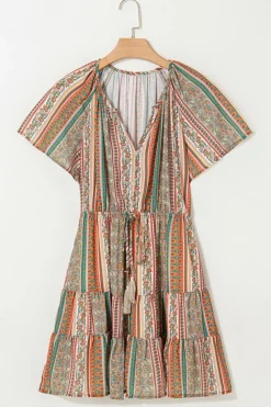 Fashion Dear-Lover Bohemian Floral Print Buttoned V Neck Ruffle Tie Dress Red