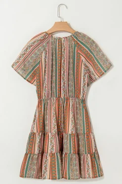 Fashion Dear-Lover Bohemian Floral Print Buttoned V Neck Ruffle Tie Dress Red
