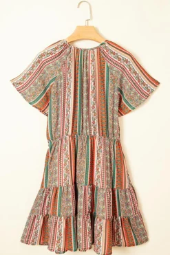 Fashion Dear-Lover Bohemian Floral Print Buttoned V Neck Ruffle Tie Dress Red