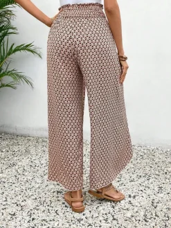 Sale Dear-Lover Bohemian Print Slit Wide Leg Smocked High Waist Pants Red