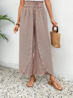 Sale Dear-Lover Bohemian Print Slit Wide Leg Smocked High Waist Pants Red
