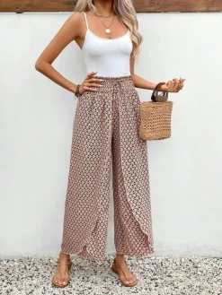 Sale Dear-Lover Bohemian Print Slit Wide Leg Smocked High Waist Pants Red