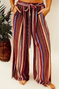 Outlet Dear-Lover Boho Ethnic Striped Print Tie Waist Wide Leg Pants Red