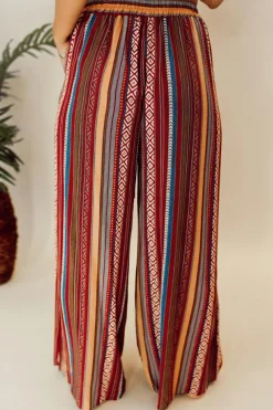 Outlet Dear-Lover Boho Ethnic Striped Print Tie Waist Wide Leg Pants Red