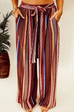 Outlet Dear-Lover Boho Ethnic Striped Print Tie Waist Wide Leg Pants Red