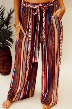 Outlet Dear-Lover Boho Ethnic Striped Print Tie Waist Wide Leg Pants Red